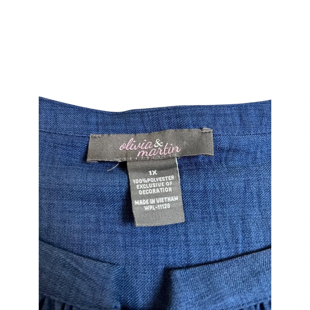Olivia & Martin Womens 1X Blue Embroidered Floral Sequin Peasant Blouse Tie Neck - Picture 4 of 7
